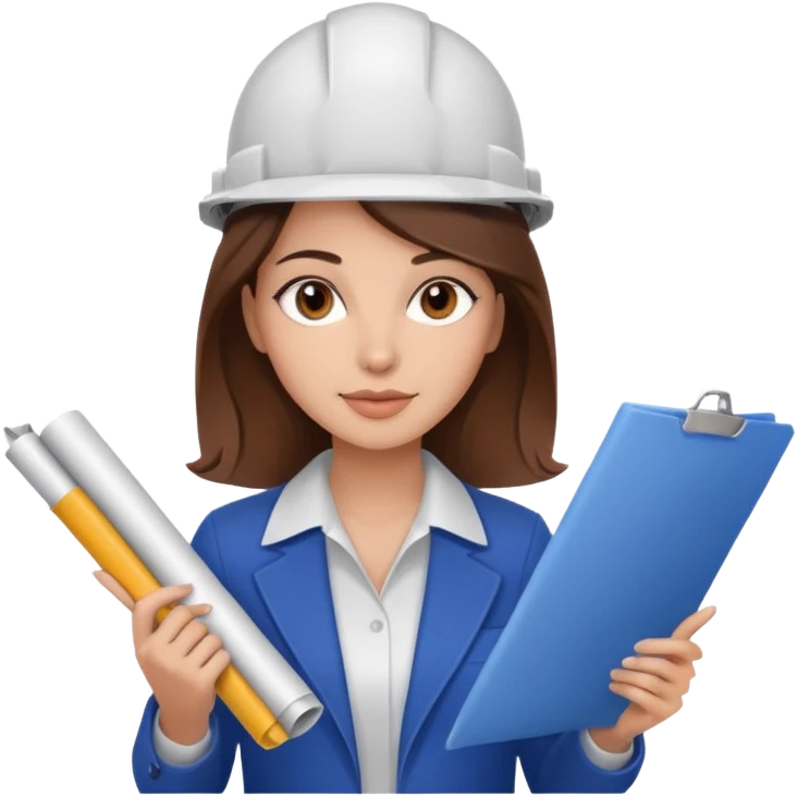 woman profession architect holding blueprints. She has beautiful Brown eyes. She has brown hair emoji