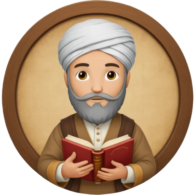 İbni Rüşd as a wise philosopher inside a circle frame, wearing classic Andalusian clothes, bearded, turban on head, holding a book, simple and clear style emoji