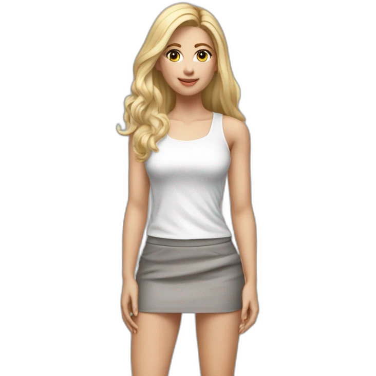 hyperrealist caucasian long blonde hair brown eyes woman white tank top gray tight mini skirt black high heel shoes full body emoji