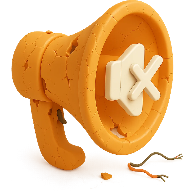Make the megaphone with a muted symbol and visible cracks look even more damaged by adding dents, missing pieces, exposed wires, and more cracks in 3D orange style. emoji
