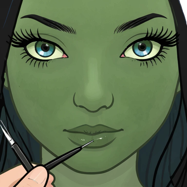 Girl lash-maker, long black hair, blue eyes, with two tweezers for eyelash extensions emoji