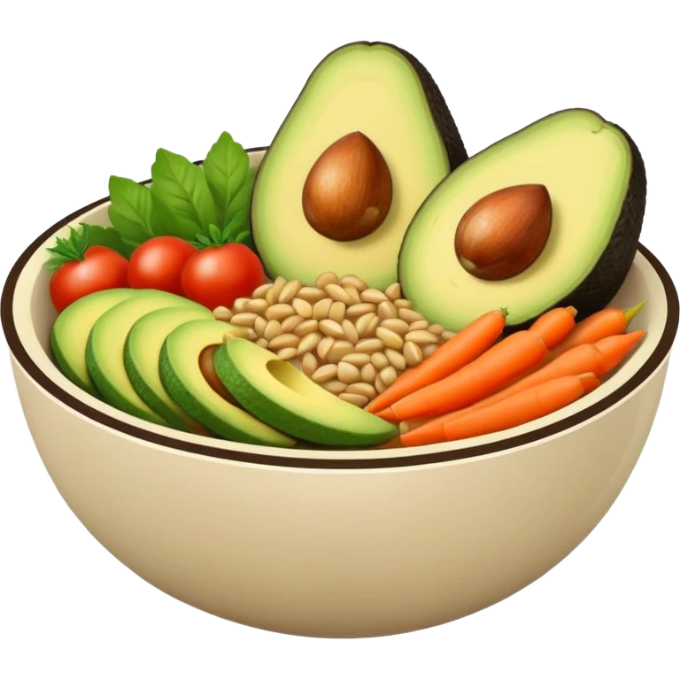 Minimalistic flat vector icon, iOS style, thin black contour on white background. Bowl with vegetables, grains, and avocado slices inside. Clean, no text, no shadows emoji