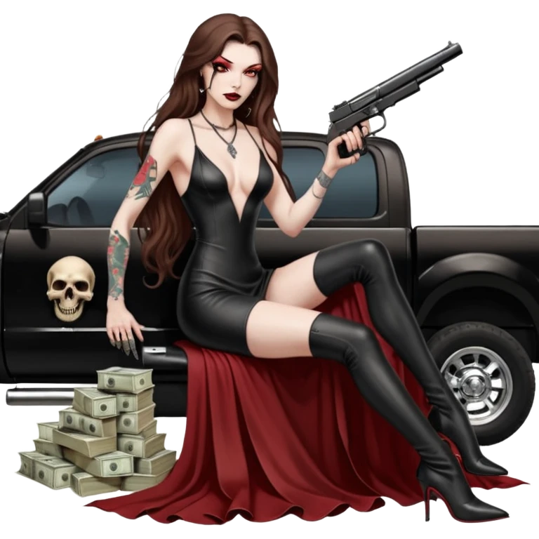 Lilith symbol red eye seductress evil long brown haired sexy succubus woman with leather long dress with slit, sitting in Big Large F350 pickup truck. Black Platform high heels on feet. Tattoo sleeve arms, seat full of stacks of cash, and a man dead human skull of her enemies and a gun in other hand emoji