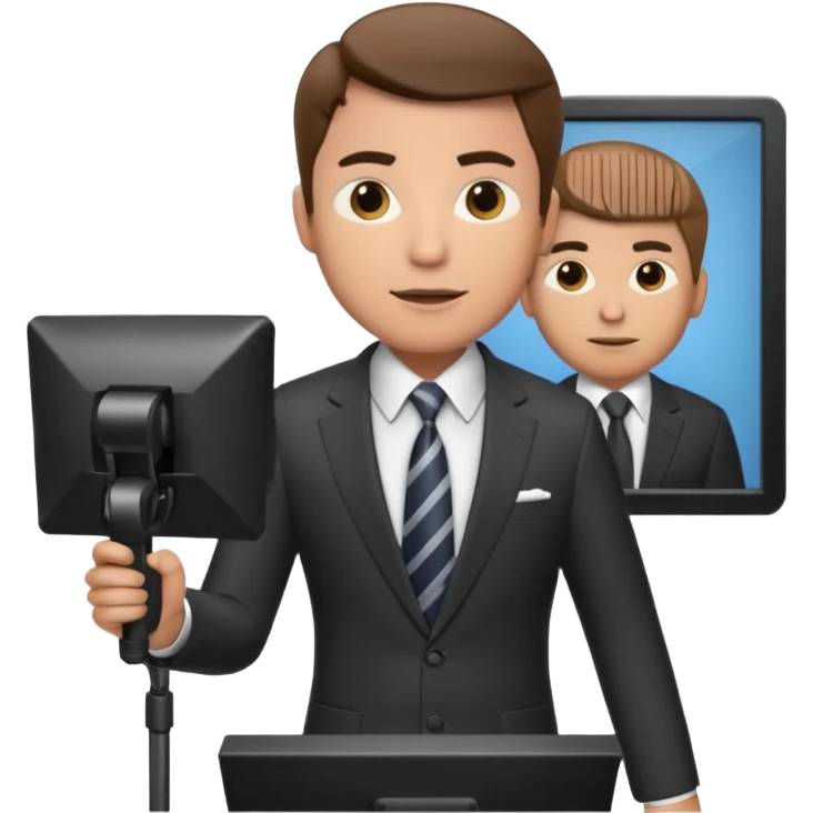 a male news anchor sits, with a screen with a prompter in front of him emoji