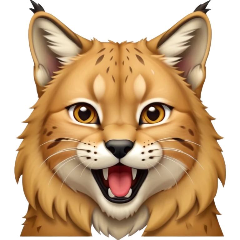 Cinematic-Cute-Yawning-Lynx-Portrait-Emoji – Head tilted slightly with a dramatic, wide-open yawn, revealing a dense golden-brown fur coat with subtle spots, signature black ear tufts standing tall, round amber eyes barely open in drowsy contentment. emoji