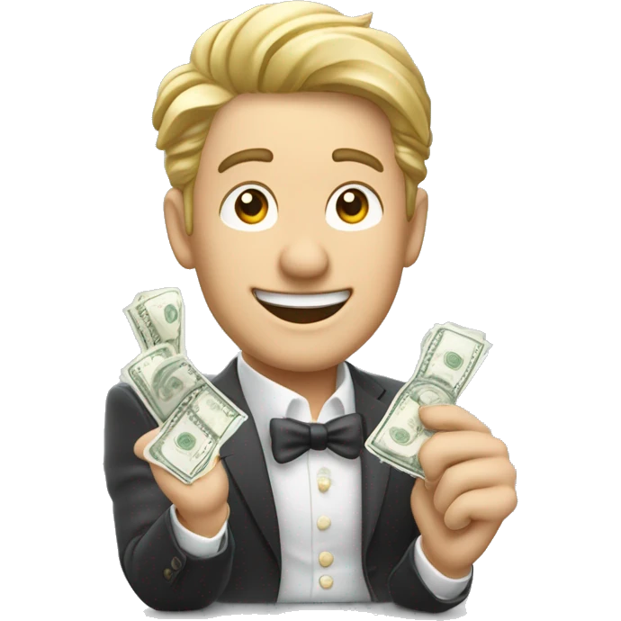 homme aux cheveux blancs riche tient des billets dans ses mains et saute de joie emoji