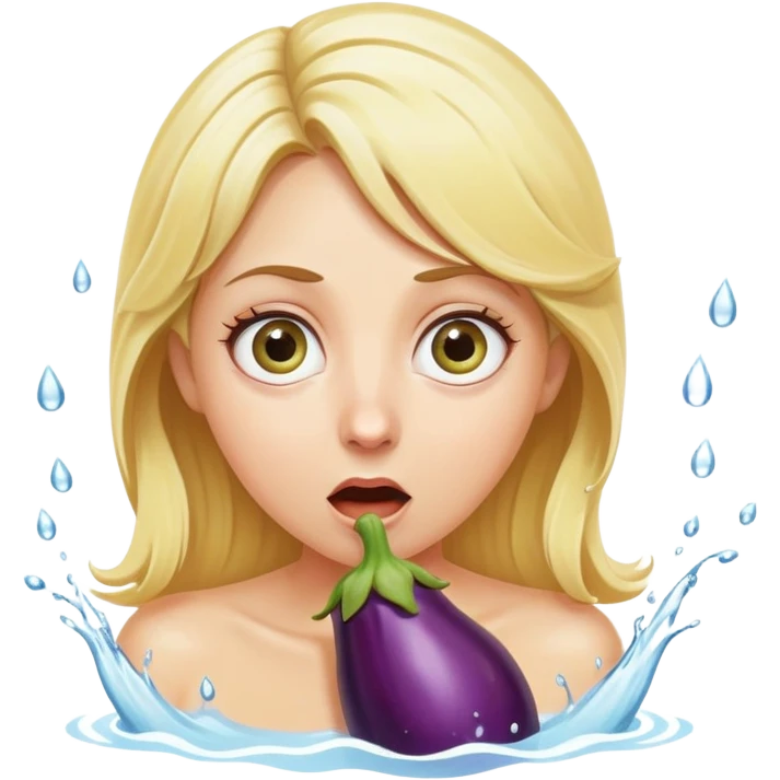 blond woman with wide eyes, eggplant squirting a visible stream of water from the tip, surprised face emoji