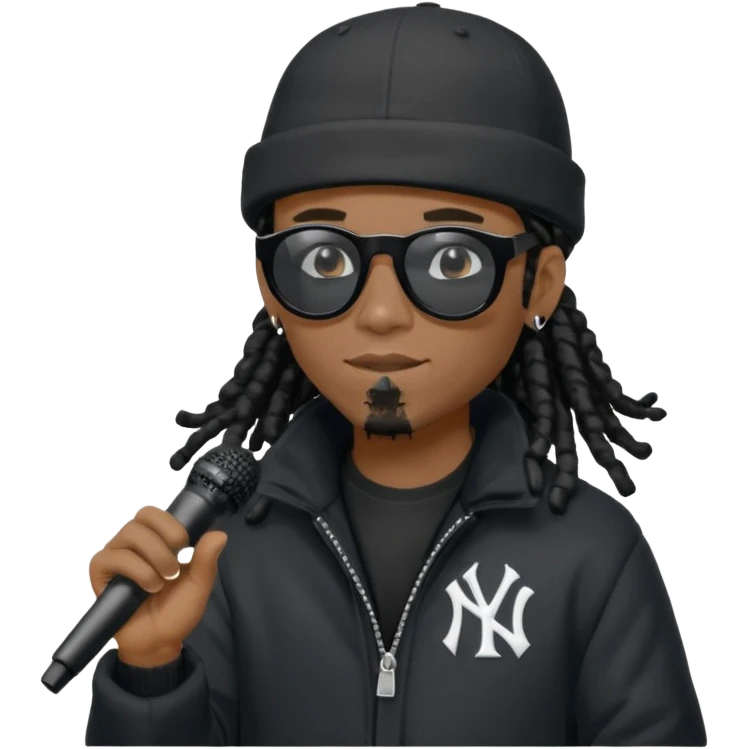 African American man with shoulder length black dreadlocks wearing black sunglasses with black bubble winter coat wearing black New York Yankees baseball hat rapping into a microphone emoji