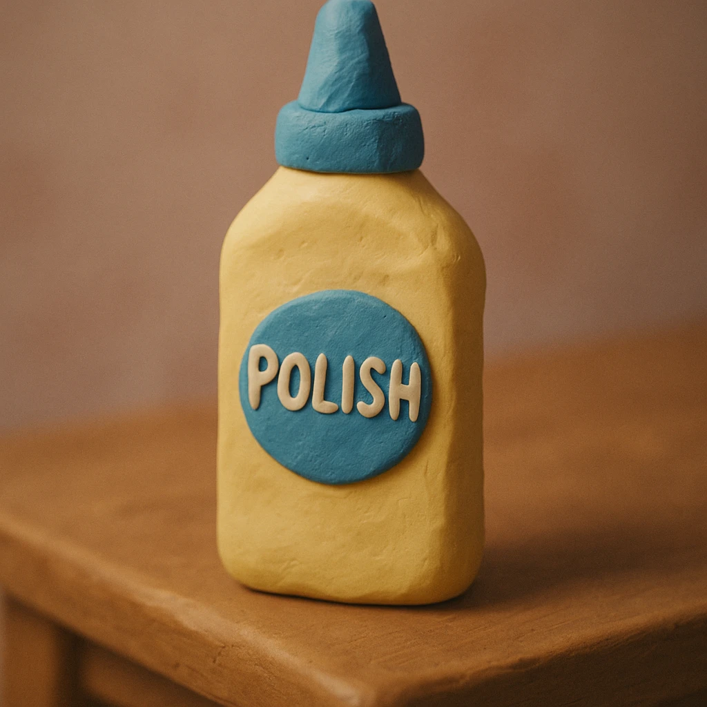claymation style close-up of Pledge-like furniture polish bottle on a wooden table, soft lighting, pastel colors emoji