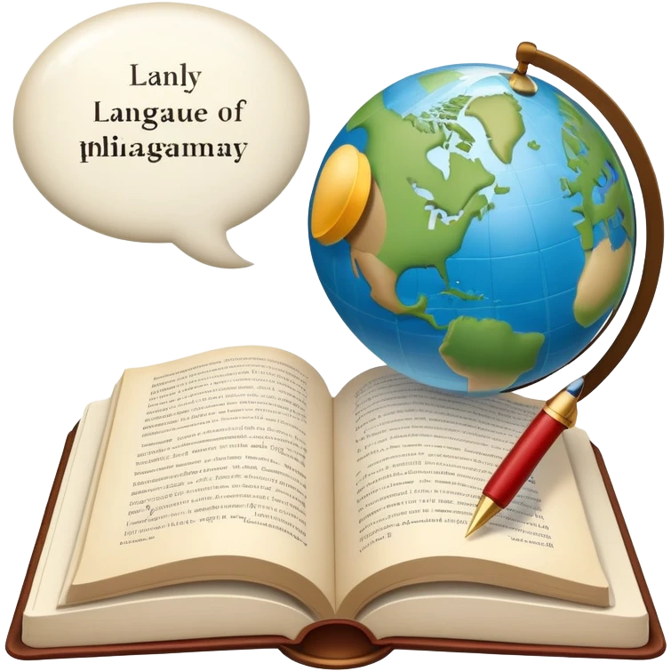 An icon featuring an open book, a speech bubble, and a pen, symbolizing philology and linguistics. The design includes a globe with language characters and grammar symbols, representing the study of languages and literature. Transparent background highlights language analysis. emoji