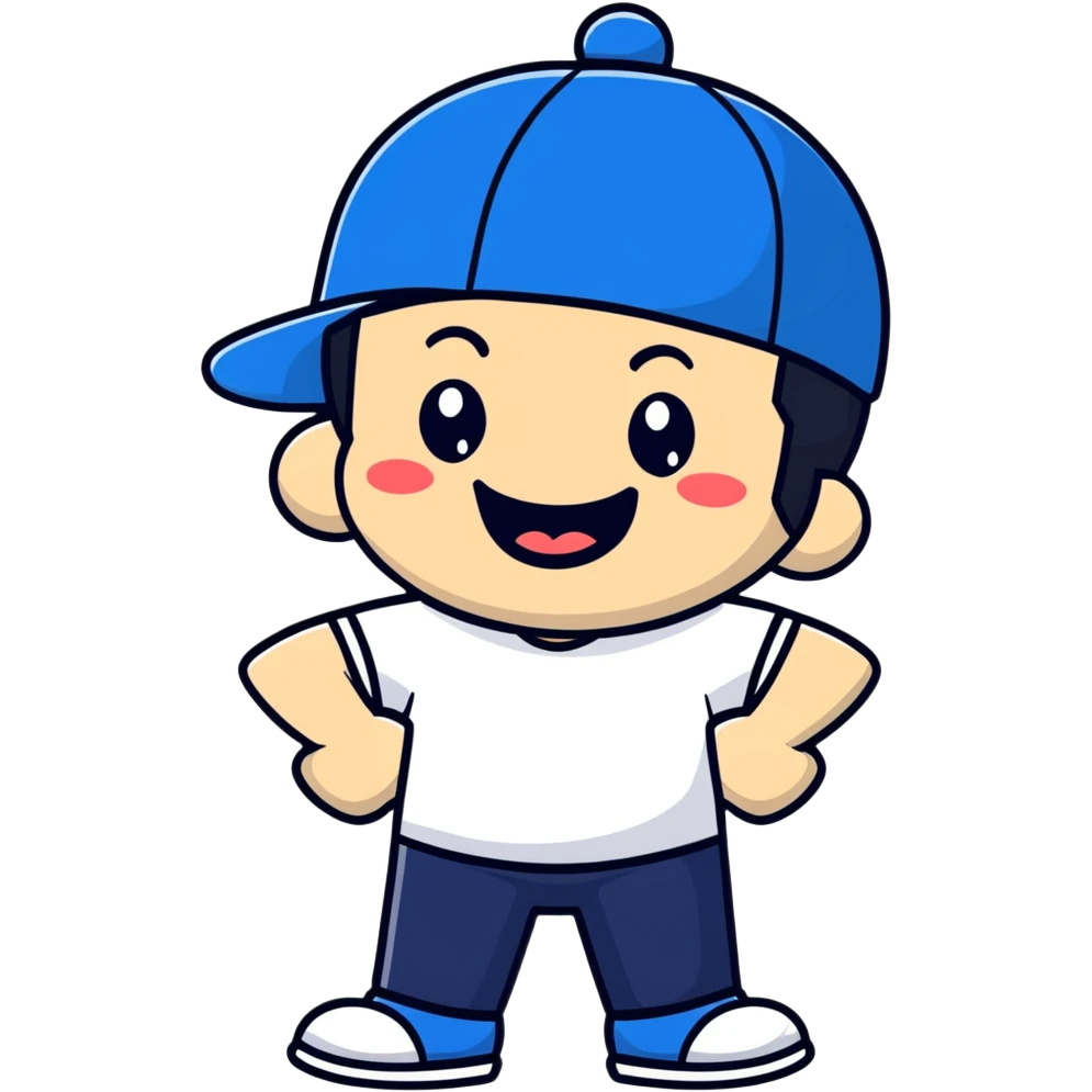 man with black hair and white skin wearing a blue cap hat, laughing emoji
