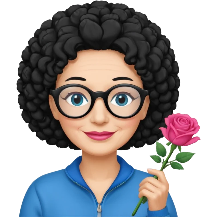 FEMME FRISÉ 60 ANS CHEVEUX NOIR FRISÉ LONG SOURIANTE AVEC CHANDAIL ROSE,   YEUX BLEU ET UN PINCEAU À LA MAIN LA MAIN AVEC 5 DOIGT SEULEMENT ET LUNETTE emoji