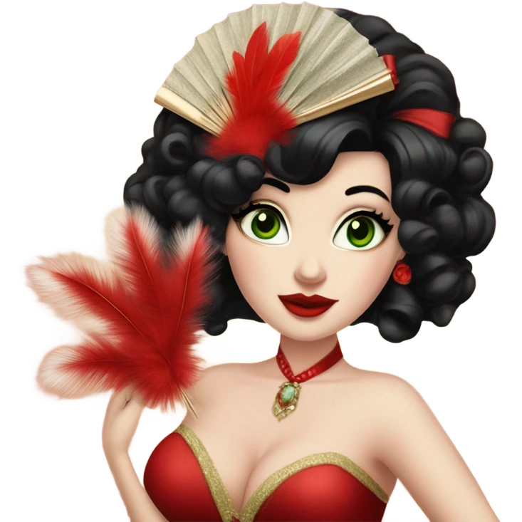 Burlesque dancer with black hair, pale skin, and green eyes in a red vintage costume holding red feather fans emoji