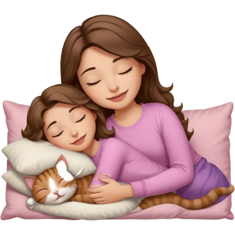 girl with wavy long brown hair, brown eyes, light to medium complexion, long lashes, light pink lipstick, smiling, wearing light pink shirt, sleeping on a cozy pillow, with brown tabby cat, sleeping emoji
