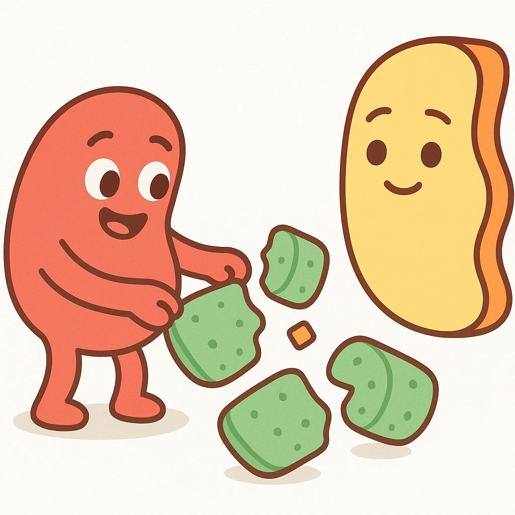 Ultra-detailed emoji-style illustration of enzyme digestion: Red amylase breaking green starch into sugars near a yellow cell membrane. Clean white background, no text. Scientific but simple, cartoon-exact shapes emoji