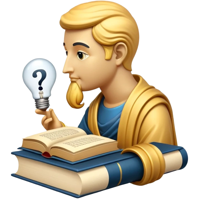 An icon featuring a thinker statue, a scroll, and a question mark, symbolizing philosophy. The design includes books, a lightbulb, and abstract symbols representing deep thought and wisdom. Transparent background highlights the study of ideas, logic, and existential questions emoji