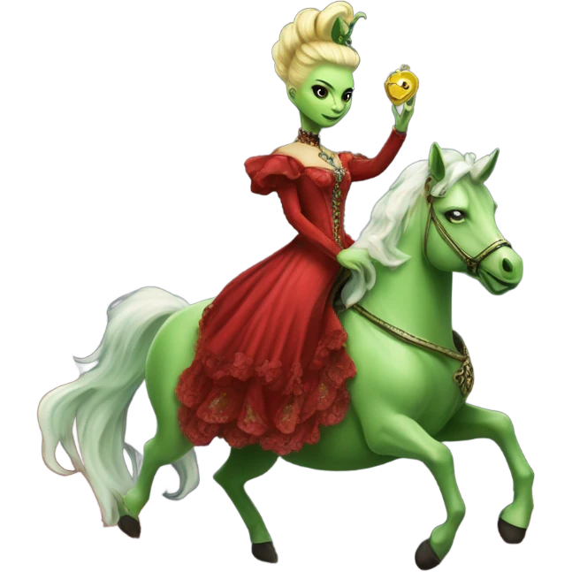 "galora green blonde alien woman" in red Victorian elegant dress, full body, rides unicorn gold and white
(NO WOKE)
 emoji