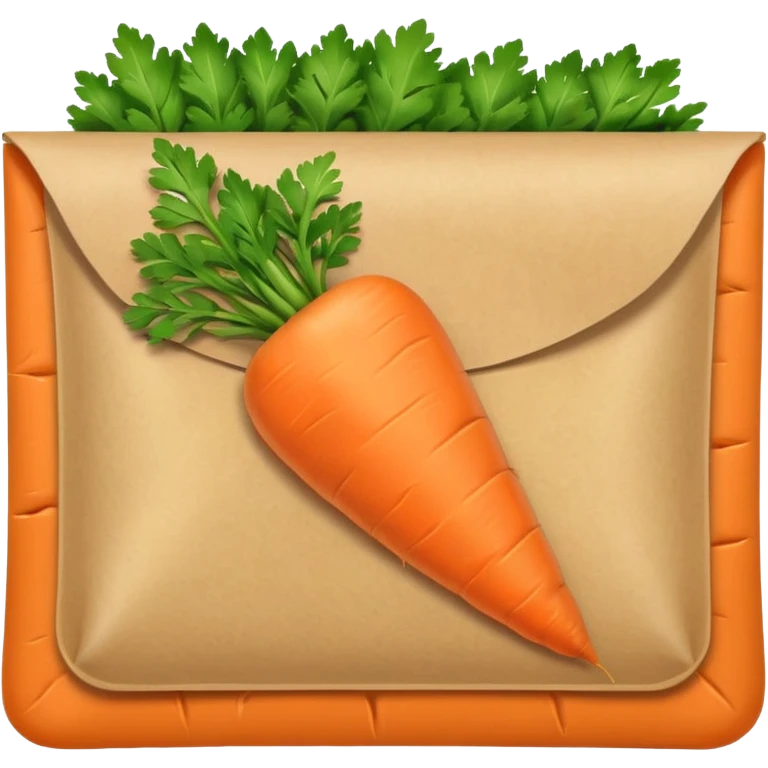 minimal emoji carrot seed packet, rectangular pouch, orange carrot with green leaves, white or light brown paper, clean lines, soft shading, friendly cartoon style emoji