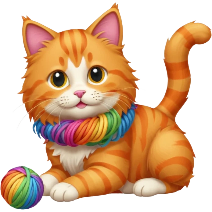 An orange kitty playing with a rainbow ball of yarn emoji