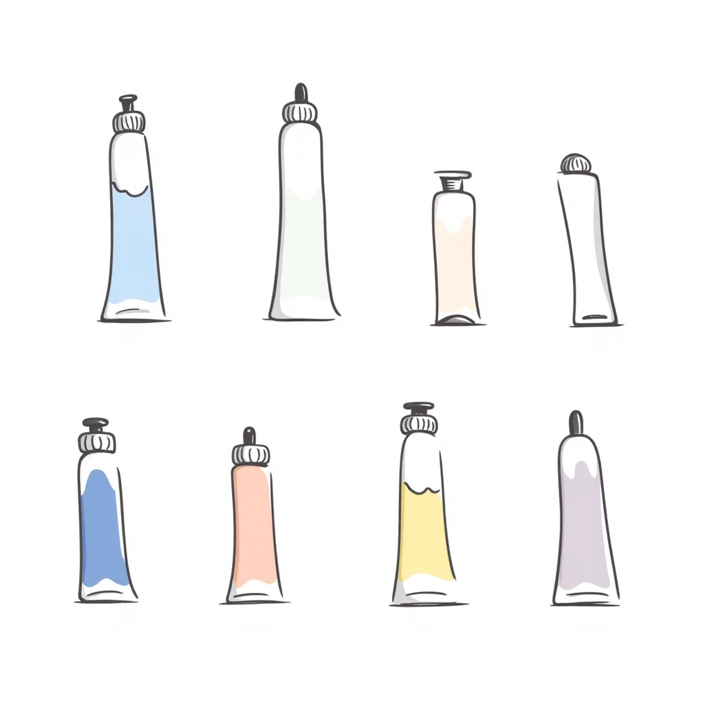 Set of artist's paint tubes with different sizes and caps. Some tubes are squeezed in the middle. Using specific pastel colors (dd9fb0, ffc6d3, a3bfc9, c4bee2, f1b091). Hand-drawn doodle style with intricate details. Transparent background. emoji