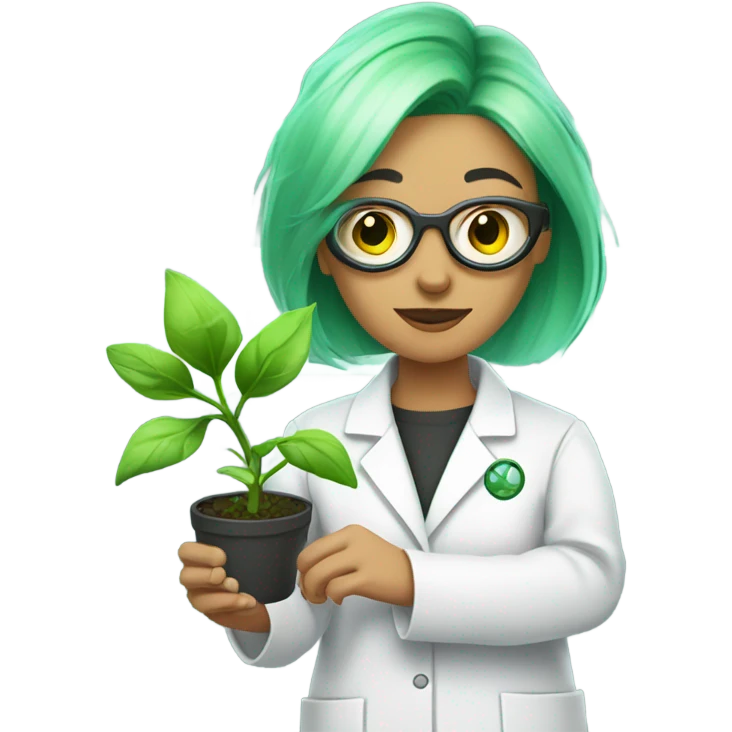 cyborg scientist wearing a lab coat and holding a small plant, woman with green hair, undercut hair cut emoji