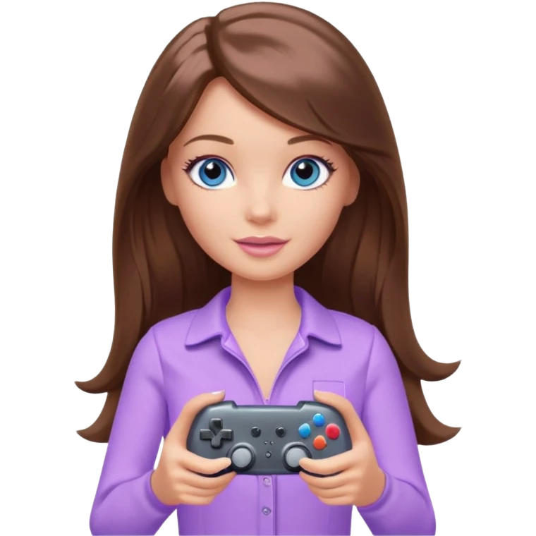 beautiful barbie girl with long brown hair, blue eyes and wearing light purple clothes playing console games with controller emoji