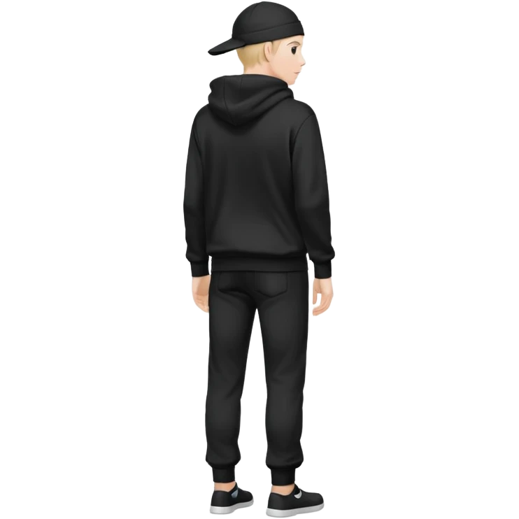 fullbody Mysterious shy caucasian man in black hoodie on head, hands in pockets and black pants rear backview emoji
