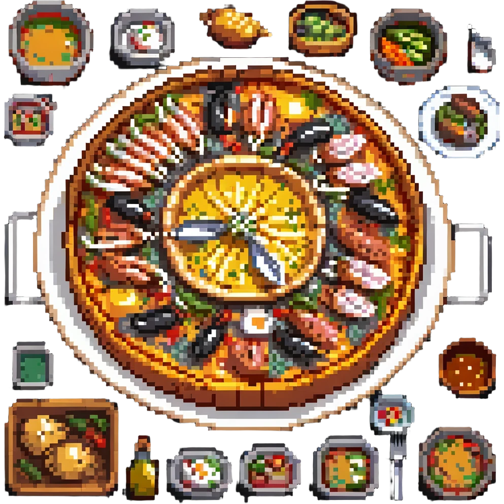 pixel art paella, top-down view, colorful ingredients emoji