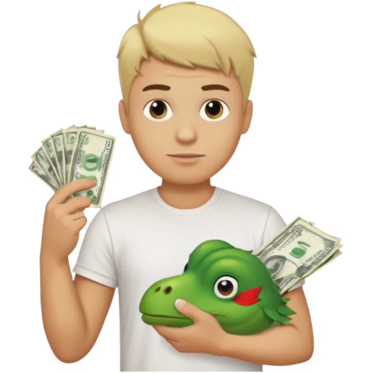 Blonde man with haircut low taper fade, in t-shirt with text SMS holding plush pepe and money emoji