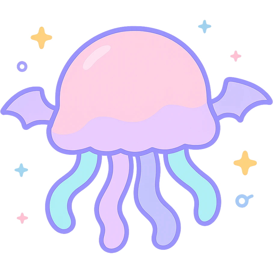Remove background, keep kawaii style jellyfish with no face, pastel dreamy colors, small bat wings, whimsical atmosphere, transparent background emoji
