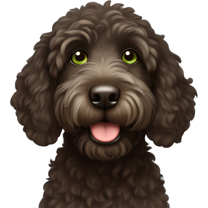 Very cute, Disney style, dark brown Labradoodle with green eyes and a little bit of white on her chest emoji