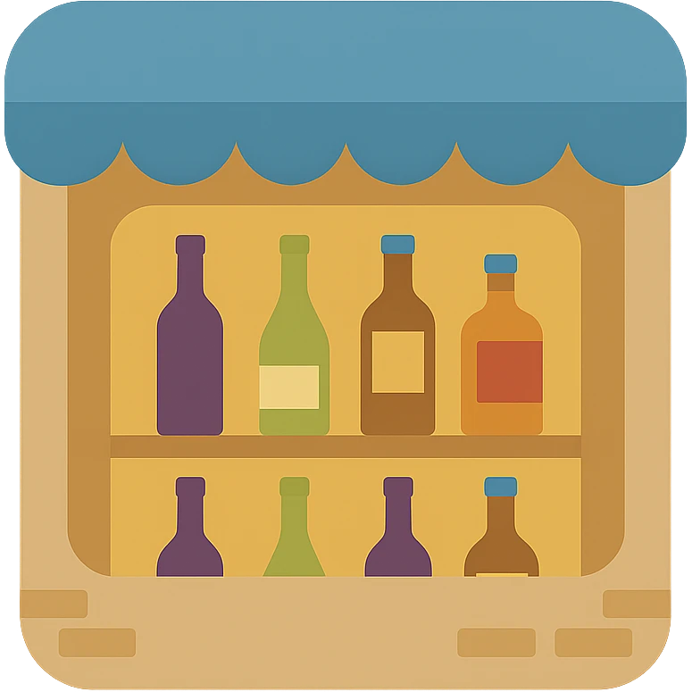 bottle shop with wine and liquor bottles on shelves, cozy atmosphere, flat color icon emoji