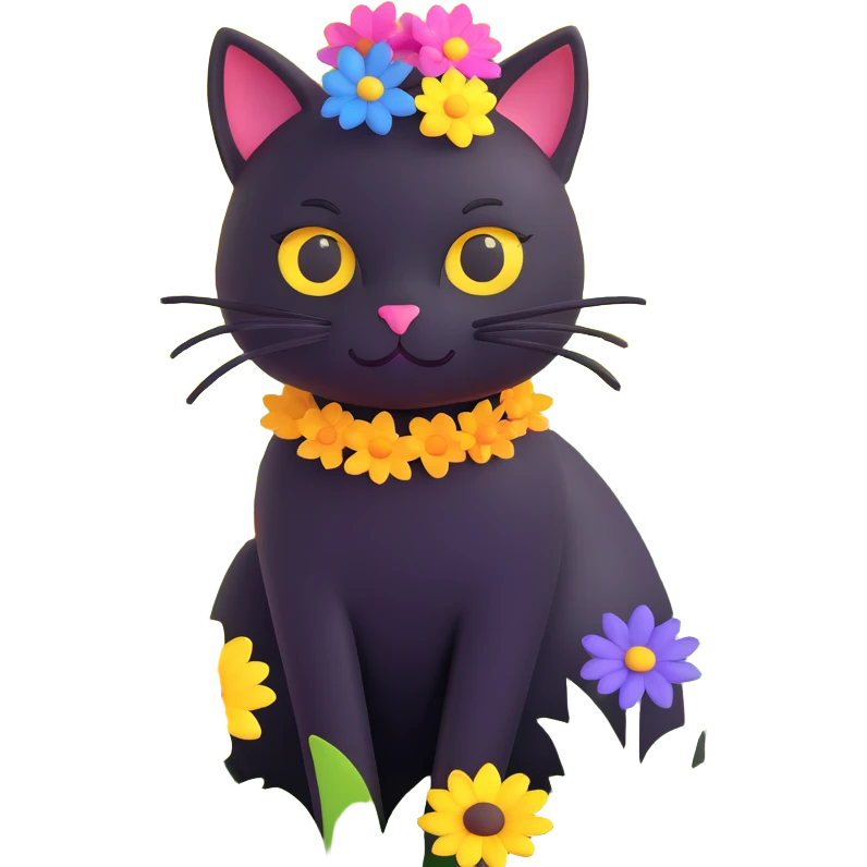 a black cat with a flower on its head in a field of flowers emoji