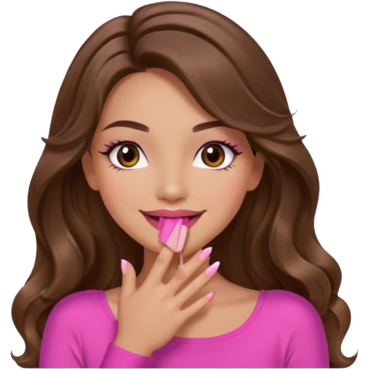 girl with long wavy brown hair, brown eyes, long lashes makeup, pink lips, light to medium complexion, pink sexy top, smiling, hand covering mouth emoji