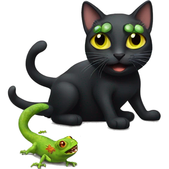 black cat with gecko on its head emoji