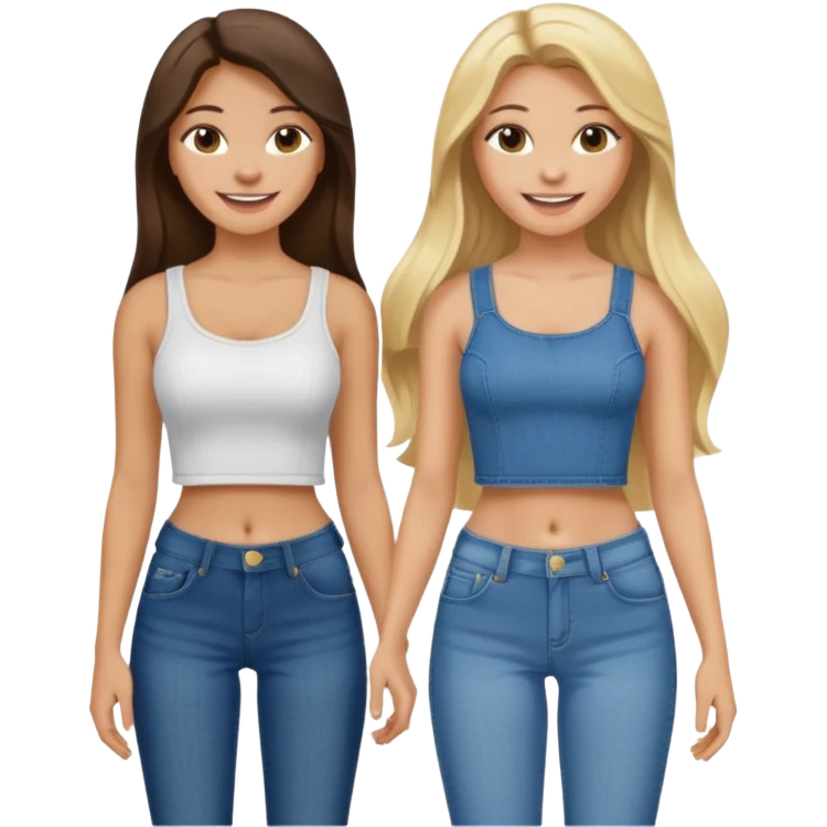 a long hair brunette girl and a blonde girl in jeans and crop tops smiling friends emoji