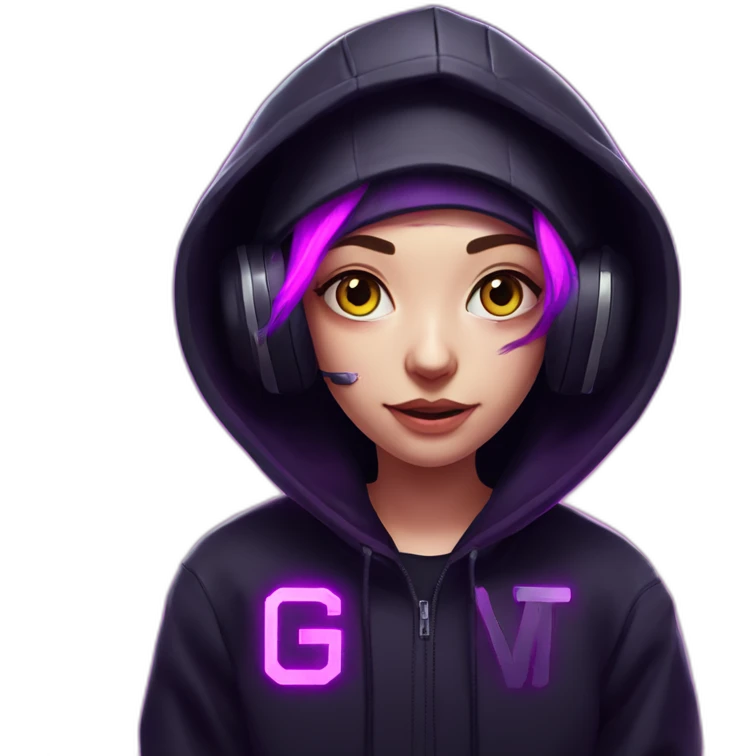 Russian student in the black hoody with violet letters "OMG VR" on it wearing vr headset. Cyberpunk style. Violet neon. emoji