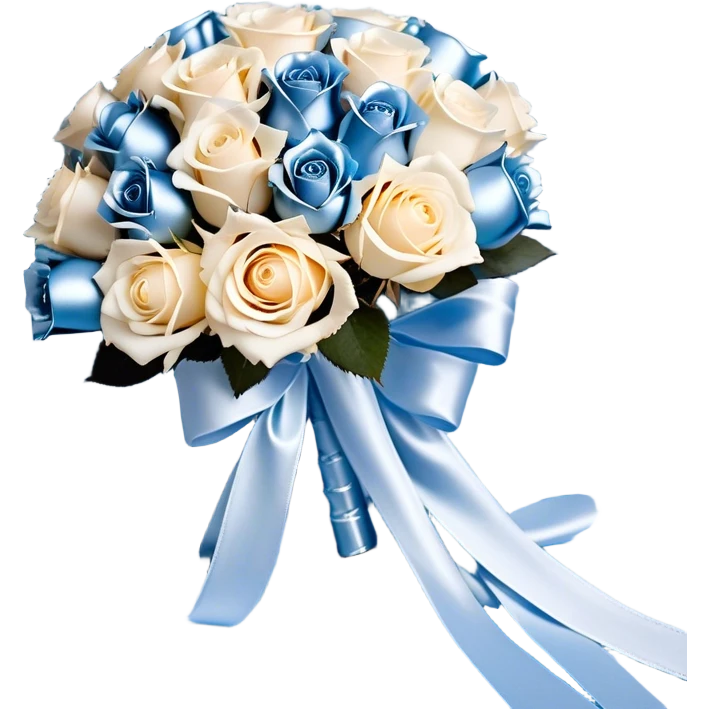 Against a soft, misty blue satin backdrop, a luxurious bouquet of powder blue and ivory roses is elegantly tied with a wide, flowing pearl-white silk ribbon that cascades gently onto the surface. Floating gracefully above the bouquet, a cluster of metallic pearl balloons in shades of silver-blue and soft champagne reflects the ambient light, casting a delicate shimmer. A few loose rose petals rest on the fabric. emoji