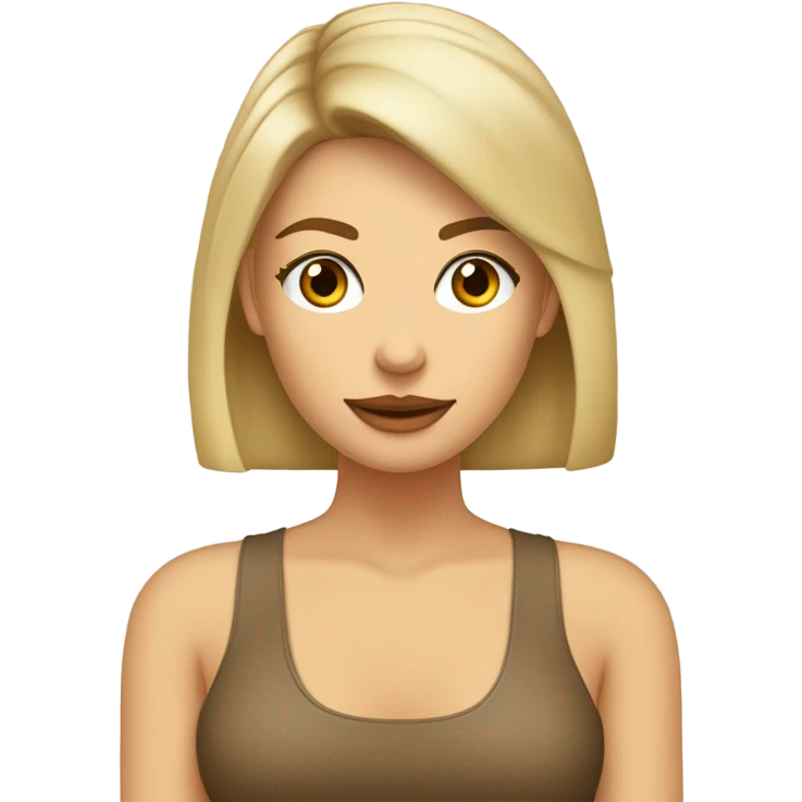 Mujer con cabello rubio, lacio, bajo el hombro, con flequillo de lado, frente amplia y aros de argolla, ojos café. Polera color beige con cuello tortuga emoji