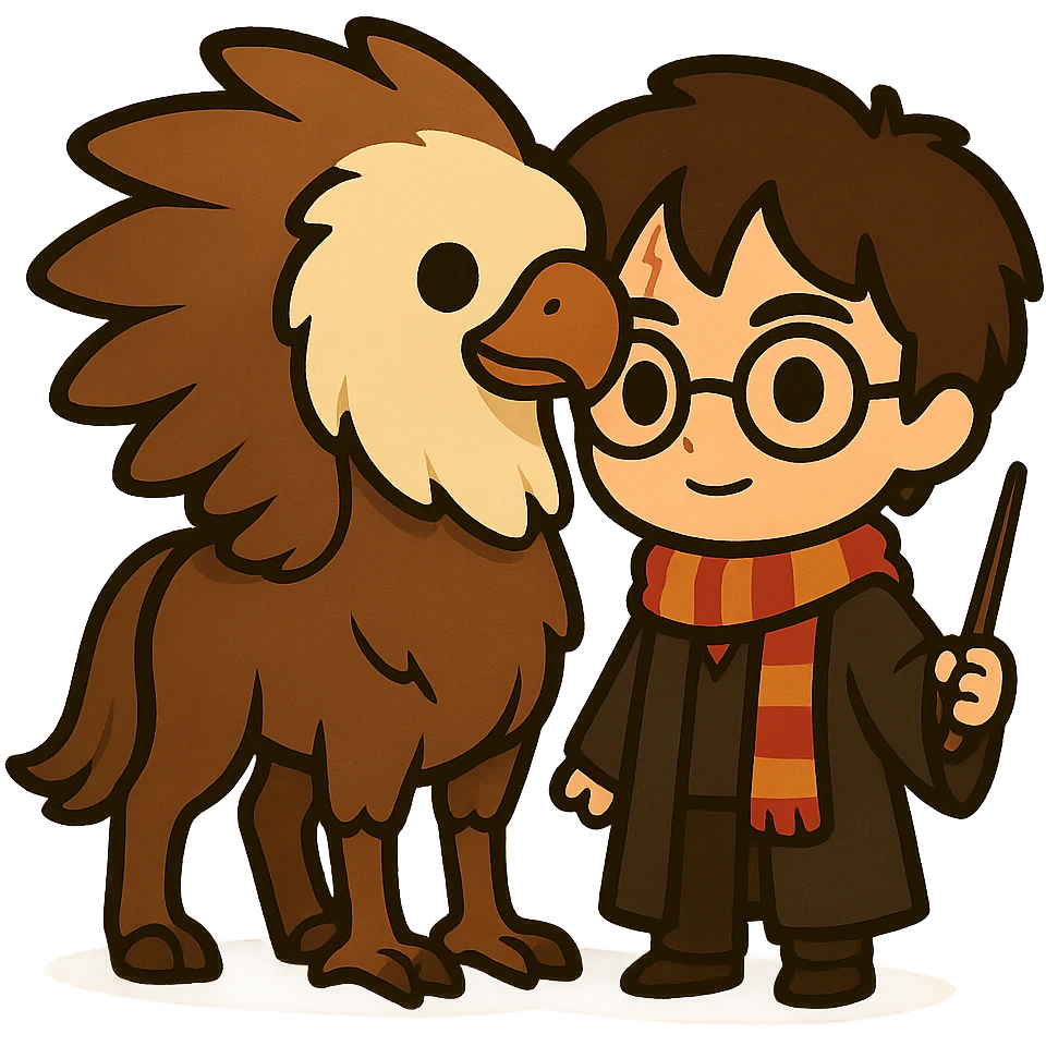 Illustration of Harry Potter and a hippogriff together in a cute, cartoon, simplified style. Harry Potter is full body with round glasses, scar on forehead, striped scarf, dark brown hair, wand, and Hogwarts robe. The hippogriff has a horse body and eagle head and wings, slightly taller than Harry Potter. Bold black lines and soft colors. emoji