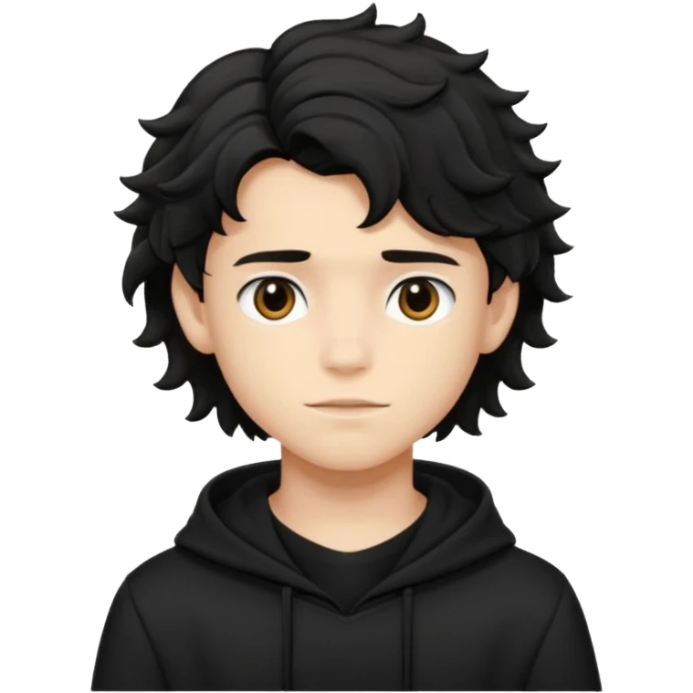 Menino de 15 anos de cabelo preto ondulado volumoso e de roupa preta emoji