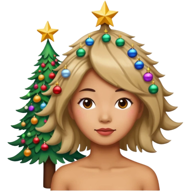 a asian woman whose hair is a Christmas tree emoji