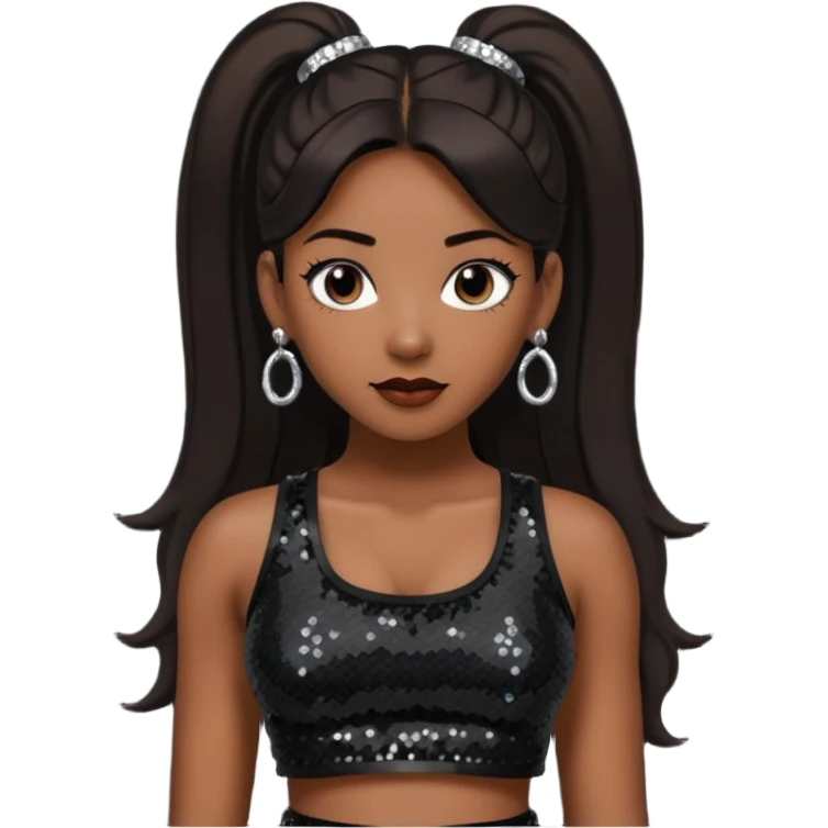 Chilli from TLC with long dark brown ponytail hair, black sequin crop top, black earring, dark skin emoji
