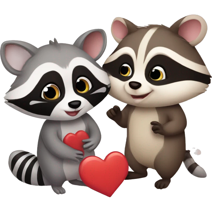 Raccoon and opossum cute couple in love with heart emoji