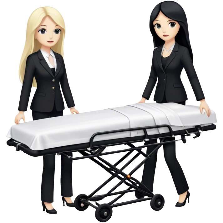 Two woman with long hair. One has black hair and one is blond. They have black pants suits on. And they are pushing a funeral stretcher in to a black Mercedes Vito. On the stretcher is a body covered in white sheets emoji