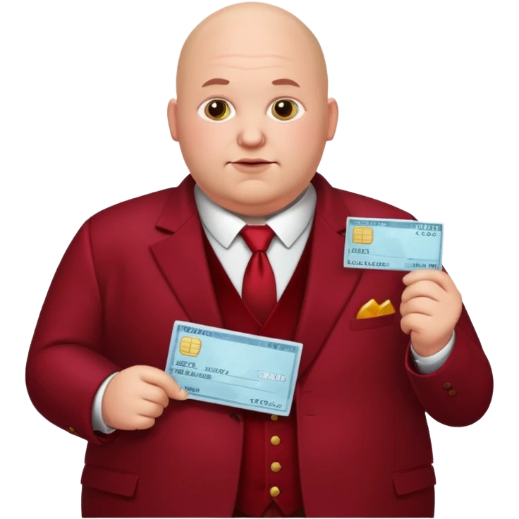 fat guy bold head in dark red velvet suit holding cheque emoji