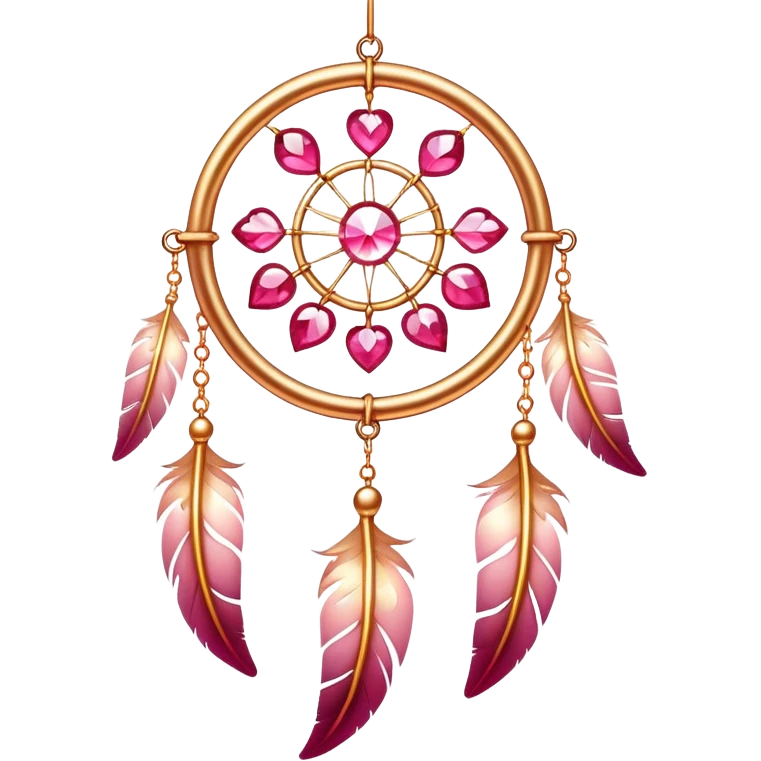 Reddish-pinkish and golden warm-colored romantic lush beautiful pretty hanging crystal-catcher aesthetic with hearts and sparkles and feathers emoji