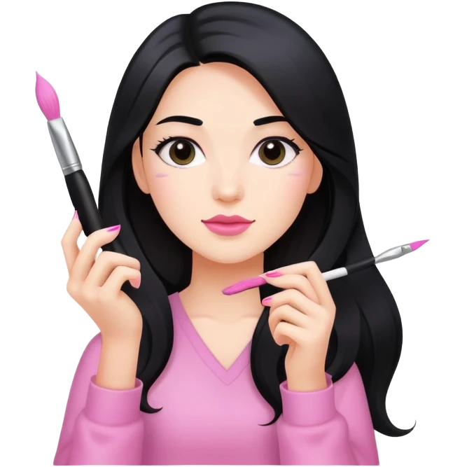 Pink Nail Tech with black long hair holding small acrylic brush emoji
