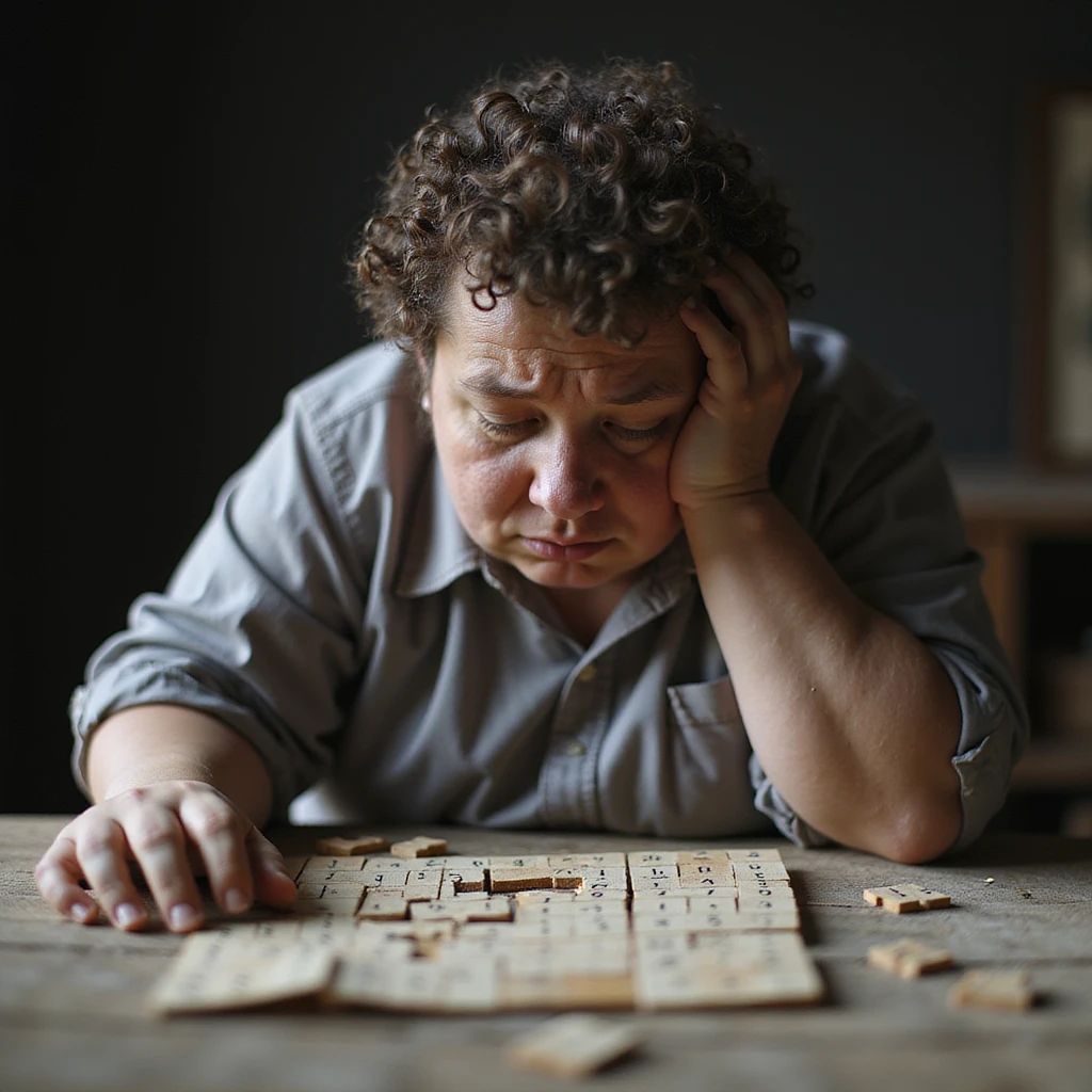 Obese person trying to solve a puzzle or sudoku, pieces not fitting or scattered, frustrated expression, hyperrealistic 4K details. emoji