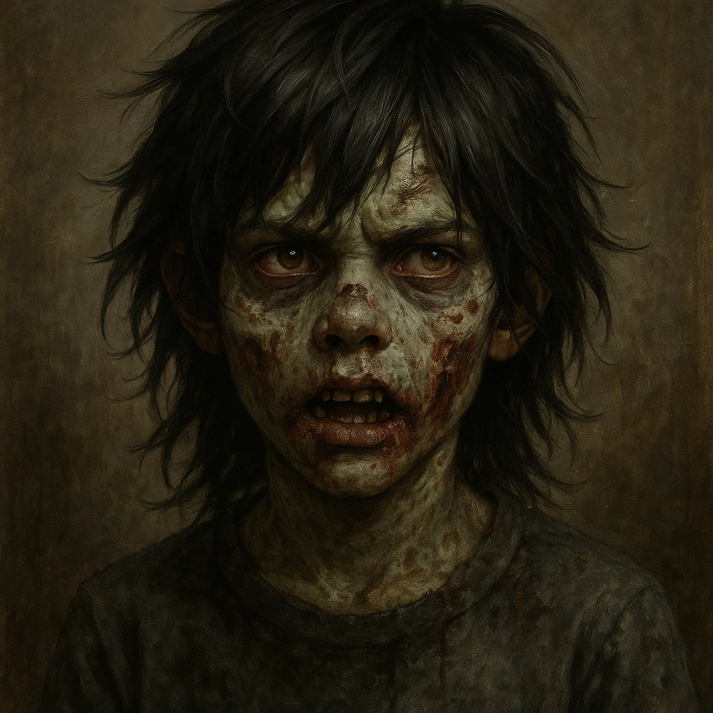 boy zombie with long black wolf cut hair, detailed, expressive emoji